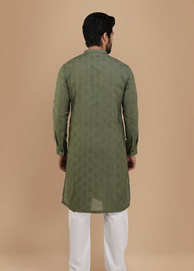 Olive Green Self Chequered Kurta image number 2